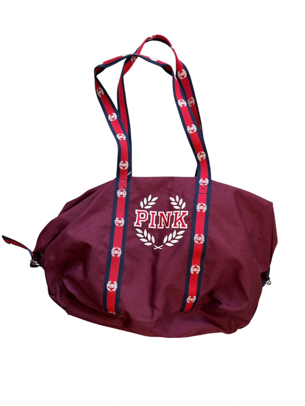PINK Victoria's Secret Burgundy Tote with Red & Navy Striped Logo Straps